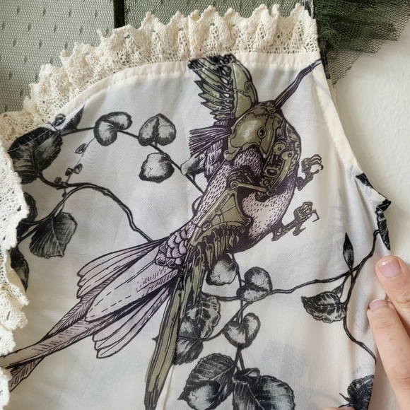 Lip Service Mechanique Menagerie Gothic Victorian Ivory Green Chiffon Blouse M - Picture 4 of 8